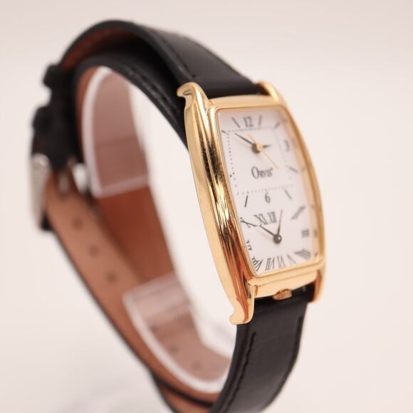 Vintage Orvis Gold Tone Womens Dual Time 34mm Watch Black Leather w New Battery main image 7